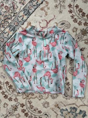 Ruffle Butts Pink Flamingo Zip Swim Top with Aqua Leaves- 4T